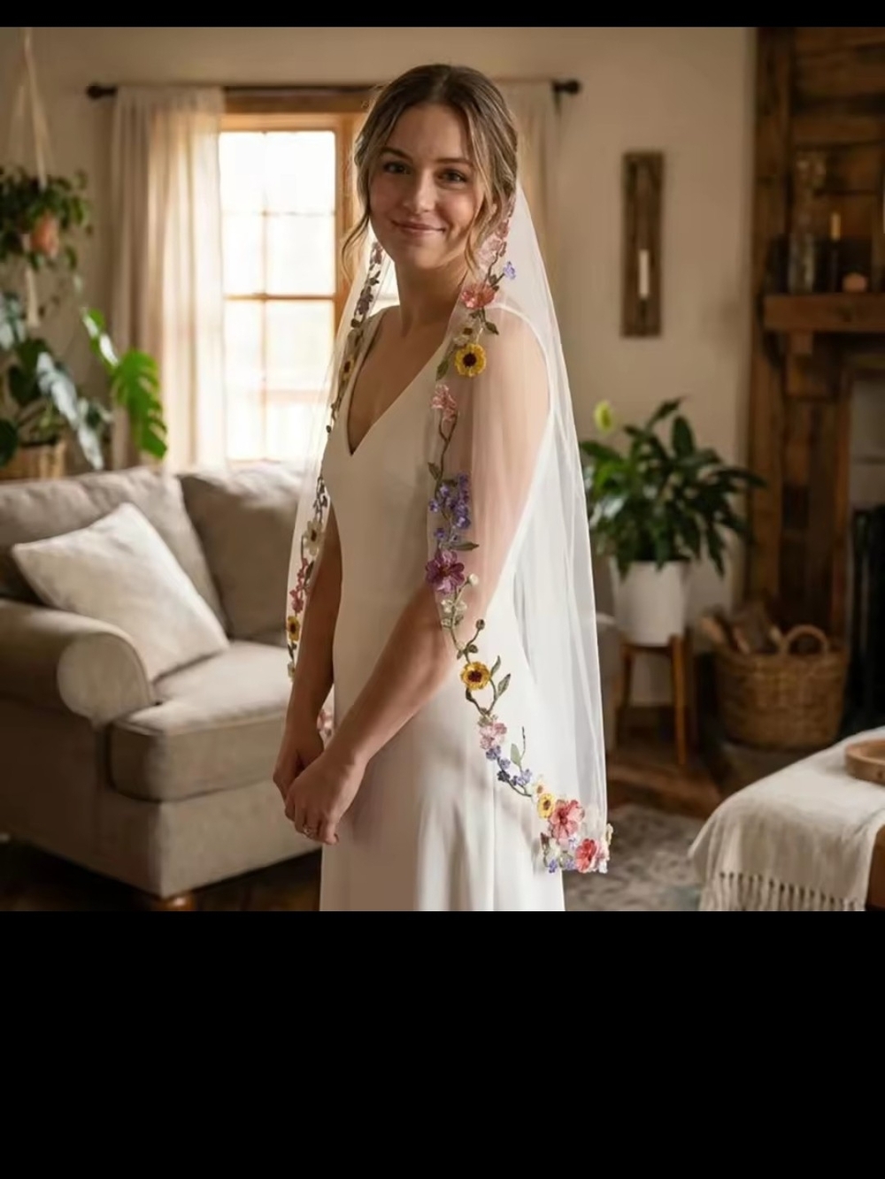 Floral Embroidered Bridal Veil - White with Multicolor Flowers Elbow Length